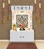 White Finish Designer Intricate Jali Design Pattern Floor Temple with Spacious Wooden Shelf & Inbuilt Focus Light