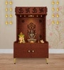 White Finish OM Swastika Symbol of Hindu Religious Floor Temple with Spacious Wooden Shelf & Inbuilt Focus Light