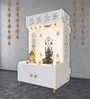 White Finish OM Swastika Symbol of Hindu Religious Floor Temple with Spacious Wooden Shelf & Inbuilt Focus Light