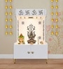 White Finish OM Swastika Symbol of Hindu Religious Floor Temple with Spacious Wooden Shelf & Inbuilt Focus Light