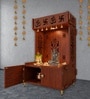 White Finish OM Swastika Symbol of Hindu Religious Floor Temple with Spacious Wooden Shelf & Inbuilt Focus Light