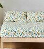 White Floral 144 TC Cotton Blend Queen Sized Bed Sheets with 2 Pillow Covers