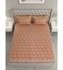 Orange Floral 300 TC Cotton Double King Sized Bedsheet With 2 Pillow Covers