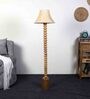 White Iron & Cloth Shade Club Floor Lamp With Wood Base