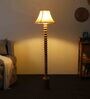 White Iron & Cloth Shade Club Floor Lamp With Wood Base