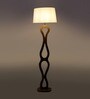 White Iron & Cloth Shade Club Floor Lamp With Wood Base