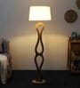 White Iron & Cloth Shade Club Floor Lamp With Wood Base