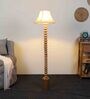 White Iron & Cloth Shade Club Floor Lamp With Wood Base
