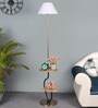 Wave White Cloth Shade Shelf Floor Lamp With Wood & Iron Base
