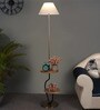 Wave White Cloth Shade Shelf Floor Lamp With Wood & Iron Base