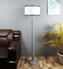 Confined White Metal and Fabric Shade Club Floor Lamp With Wood Base