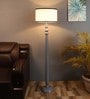 Confined White Metal and Fabric Shade Club Floor Lamp With Wood Base