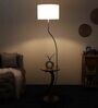 White Iron & Cloth Shade Shelf Floor Lamp With Wood & Iron Base