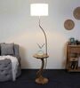 White Iron & Cloth Shade Shelf Floor Lamp With Wood & Iron Base