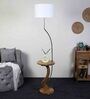 White Iron & Cloth Shade Shelf Floor Lamp With Wood & Iron Base