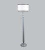 Confined White Metal and Fabric Shade Club Floor Lamp With Wood Base