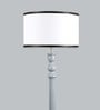 Confined White Metal and Fabric Shade Club Floor Lamp With Wood Base