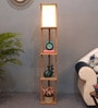 Damien White Cloth Shade Shelf Floor Lamp With Mango wood Base