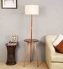 White Linen Shade  Floor Lamp With Brown Base