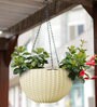 White Plastic Round Rattan Waven Plastic Flower Hanging Planter