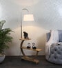 Contemporary White Iron Shade Shelf Floor Lamp With Wood Base