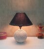 White Stone Finish Handpainted and hancarved Distress wooden Table lamp in Matka handcarved design with handpainted fabric shade