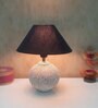 White Stone Finish Handpainted and hancarved Distress wooden Table lamp in Matka handcarved design with handpainted fabric shade