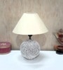 White Stone Finish Handpainted and hancarved Distress wooden Table lamp in Matka handcarved design with handpainted fabric shade