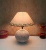White Stone Finish Handpainted and hancarved Distress wooden Table lamp in Matka handcarved design with handpainted fabric shade