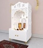 White Wooden Floor Pooja Mandir with Ik Onkar & Swastik Design Ornate Arch Laser-Cut Bell Motifs &Cabinet
