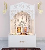 White Wooden Floor Pooja Mandir with Ik Onkar & Swastik Design Ornate Arch Laser-Cut Bell Motifs &Cabinet