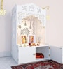 White Wooden Floor Pooja Mandir with Ik Onkar & Swastik Design Ornate Arch Laser-Cut Bell Motifs &Cabinet