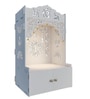 White Wooden Floor Pooja Mandir with Ik Onkar & Swastik Design Ornate Arch Laser-Cut Bell Motifs &Cabinet