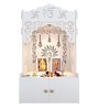 White Wooden Floor Pooja Mandir with Ik Onkar & Swastik Design Ornate Arch Laser-Cut Bell Motifs &Cabinet
