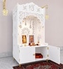 White Wooden Floor Pooja Mandir with Ik Onkar & Swastik Design Ornate Arch Laser-Cut Bell Motifs &Cabinet