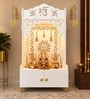 White Wooden Floor Pooja Mandir with Ik Onkar & Swastik Design Ornate Arch Laser-Cut Bell Motifs &Cabinet