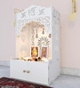 White Wooden Floor Pooja Mandir with Ik Onkar & Swastik Design Ornate Arch Laser-Cut Bell Motifs &Cabinet