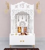 White Wooden Floor Pooja Mandir with Ik Onkar & Swastik Design Ornate Arch Laser-Cut Bell Motifs &Cabinet