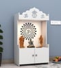 White Wooden Floor Pooja Mandir with Kalash & Om Top Design Lotus Pattern Back Panel Storage Cabinet
