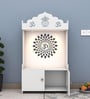 White Wooden Floor Pooja Mandir with Kalash & Om Top Design Lotus Pattern Back Panel Storage Cabinet