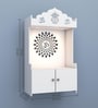 White Wooden Floor Pooja Mandir with Kalash & Om Top Design Lotus Pattern Back Panel Storage Cabinet