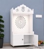 White Wooden Floor Pooja Mandir with Kalash & Om Top Design Lotus Pattern Back Panel Storage Cabinet