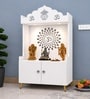 White Wooden Floor Pooja Mandir with Kalash & Om Top Design Lotus Pattern Back Panel Storage Cabinet