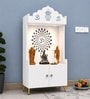 White Wooden Floor Pooja Mandir with Kalash & Om Top Design Lotus Pattern Back Panel Storage Cabinet