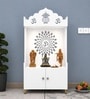 White Wooden Floor Pooja Mandir with Kalash & Om Top Design Lotus Pattern Back Panel Storage Cabinet