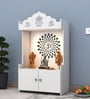 White Wooden Floor Pooja Mandir with Kalash & Om Top Design Lotus Pattern Back Panel Storage Cabinet