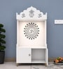 White Wooden Floor Pooja Mandir with Kalash & Om Top Design Lotus Pattern Back Panel Storage Cabinet