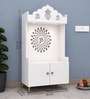White Wooden Floor Pooja Mandir with Kalash & Om Top Design Lotus Pattern Back Panel Storage Cabinet