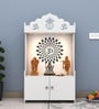 White Wooden Floor Pooja Mandir with Kalash & Om Top Design Lotus Pattern Back Panel Storage Cabinet