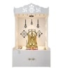 White Wooden Floor Pooja Mandir with Kalash & Swastik Design Laser-Cut Bell Shankh & Chakra Motifs & Storage Cabinet